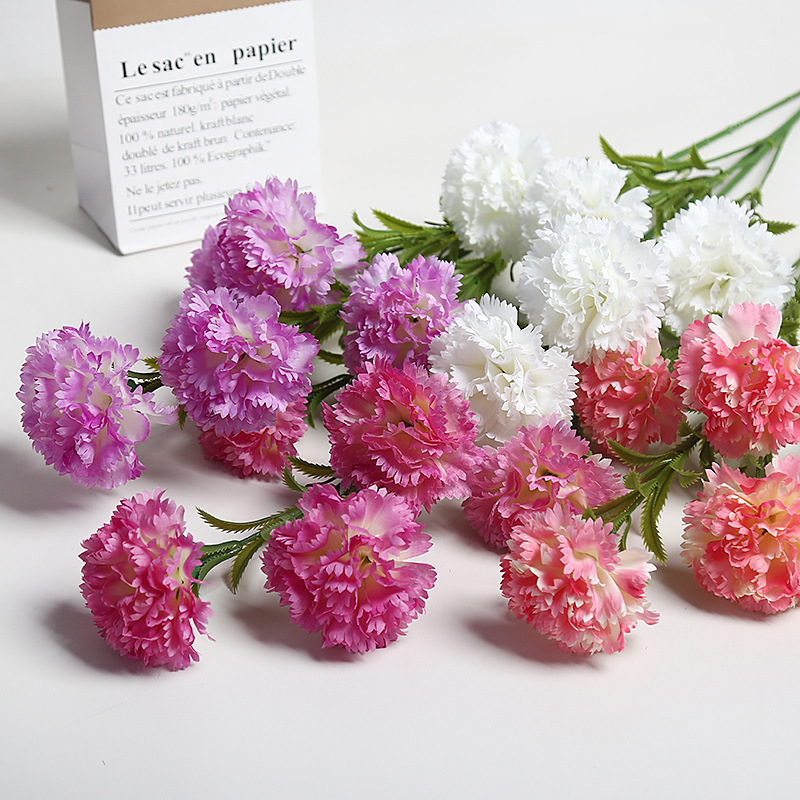 跨境仿真花5头康乃馨花束母亲节教师节装饰假花绢花花艺摆件道具细节图