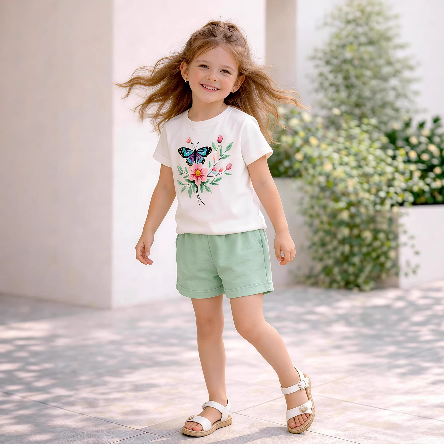 夏季女童4-8Y 时尚蝴蝶花朵印花白色短袖T恤+休闲短裤 跨境外贸