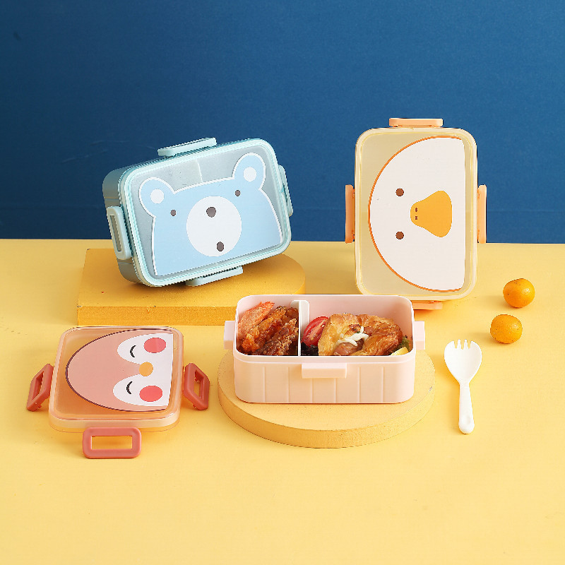 Cute children's student cartoon portable square lunch box, with built-in tableware, lunch box, and movable divider box