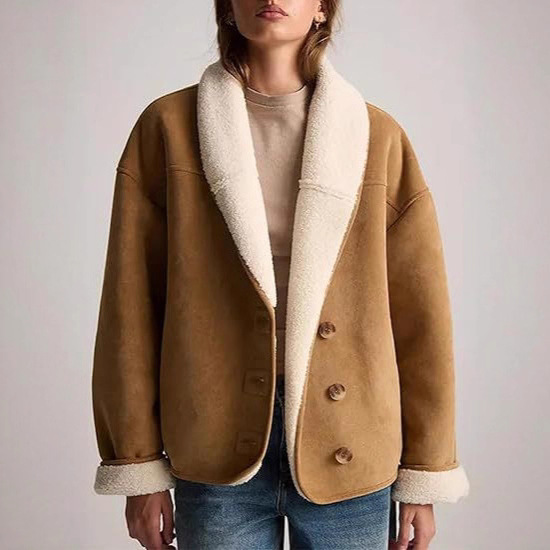 Women's Suede Jacket, Lambskin Casual Coat, Loose Lapel, Warm Winter Coat With Pockets X0050