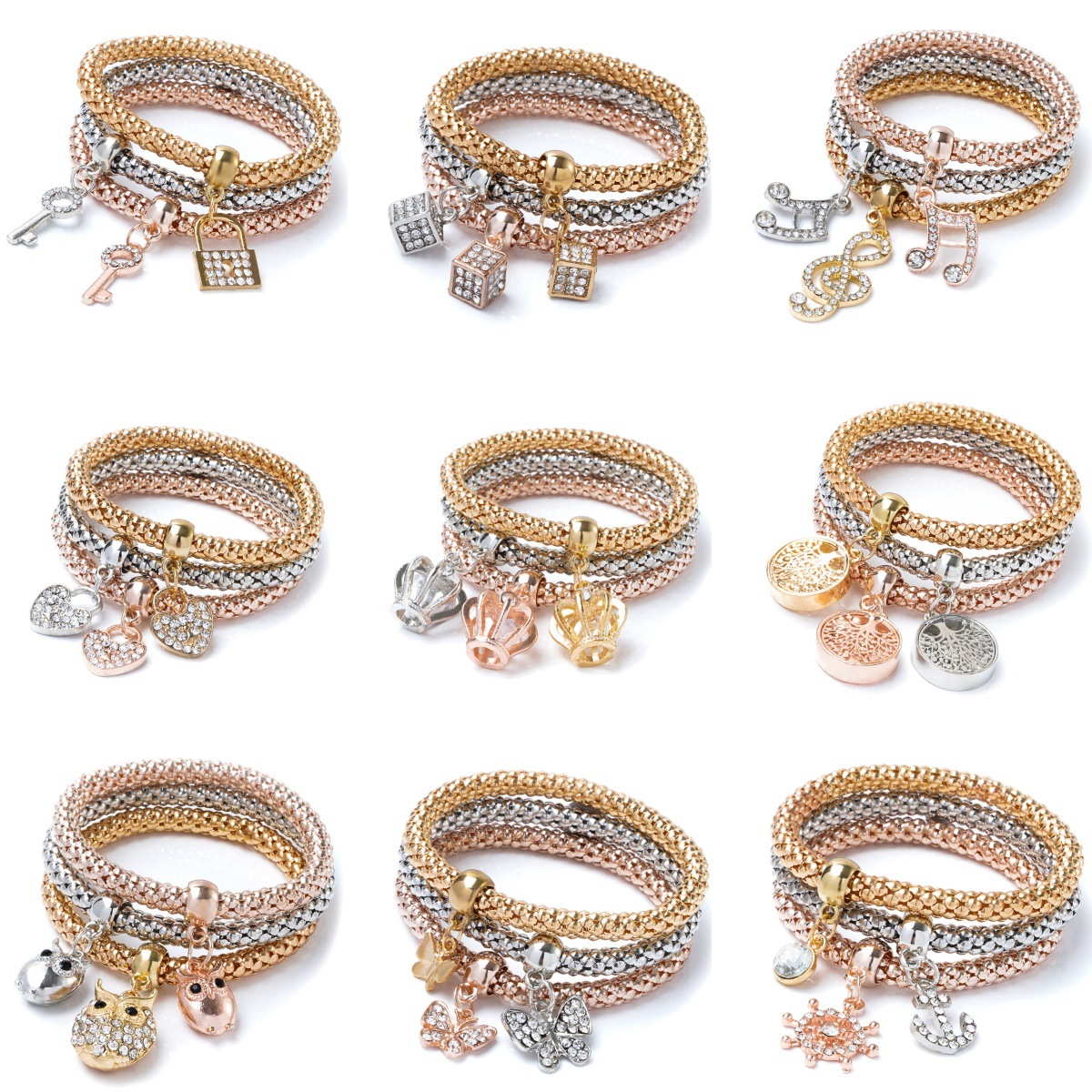 A cross-border best-selling alloy three-color set of elastic popcorn corn chain with diamond heart pendant bracelet for women from Europe and America full figure