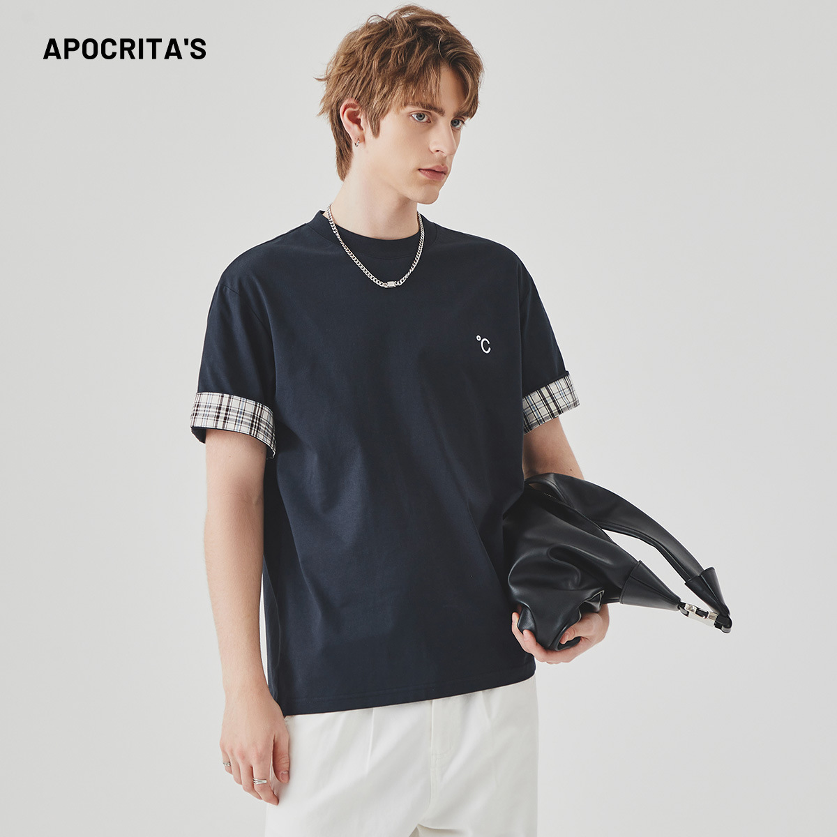 APO Men's Wear 2025 New short-sleeved T-shirt Men's fashion brand summer high-quality loose round-neck checkered top details Picture
