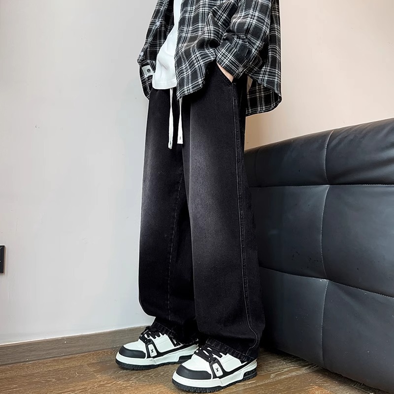 American straight-leg fleece jeans for men, thickened autumn and winter pants for men, neutral style, high street fashion brand, loose and large size details Picture