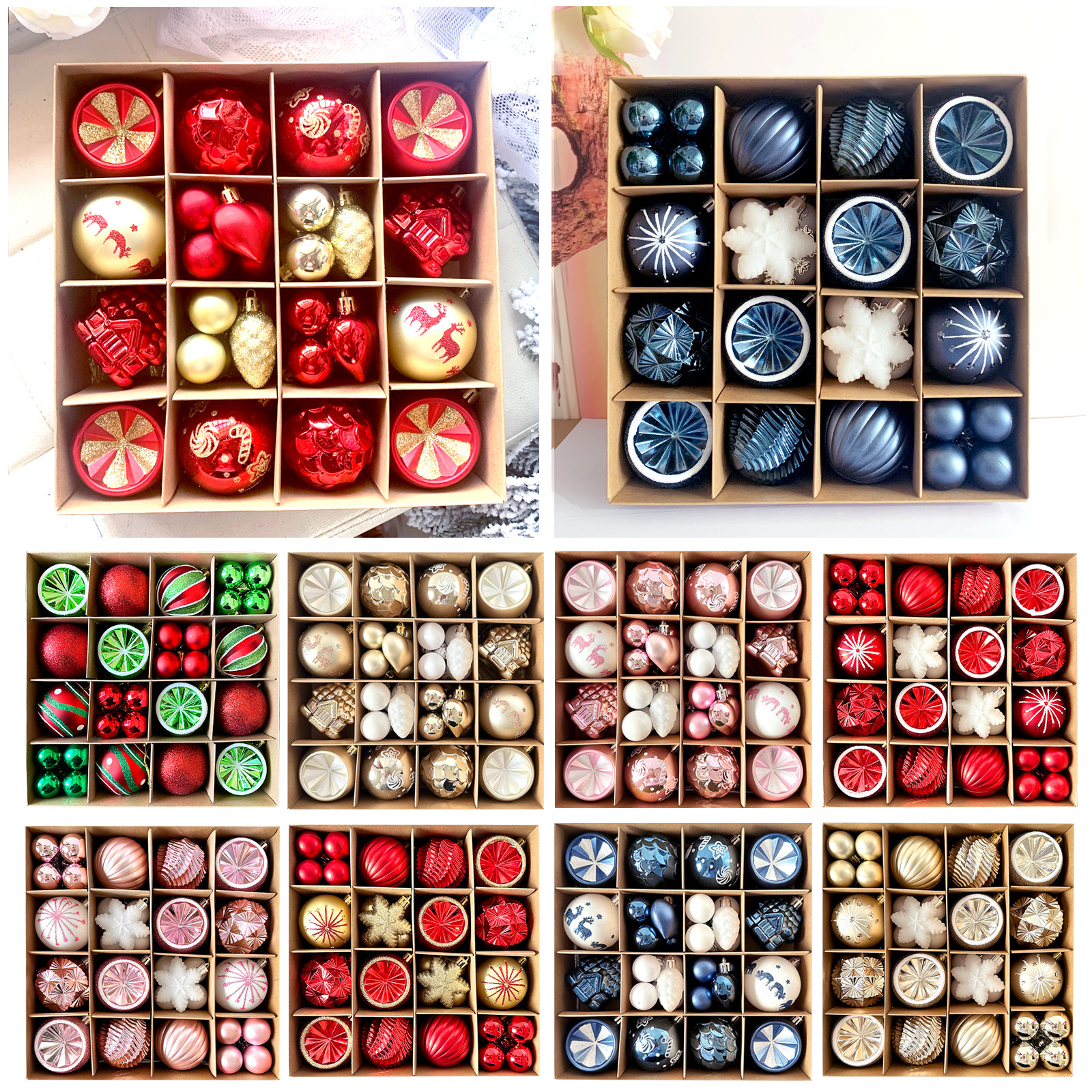 Christmas decorations: Colorful Christmas decorations, ball boxes, Christmas hats, Christmas wreaths, Christmas pendants
