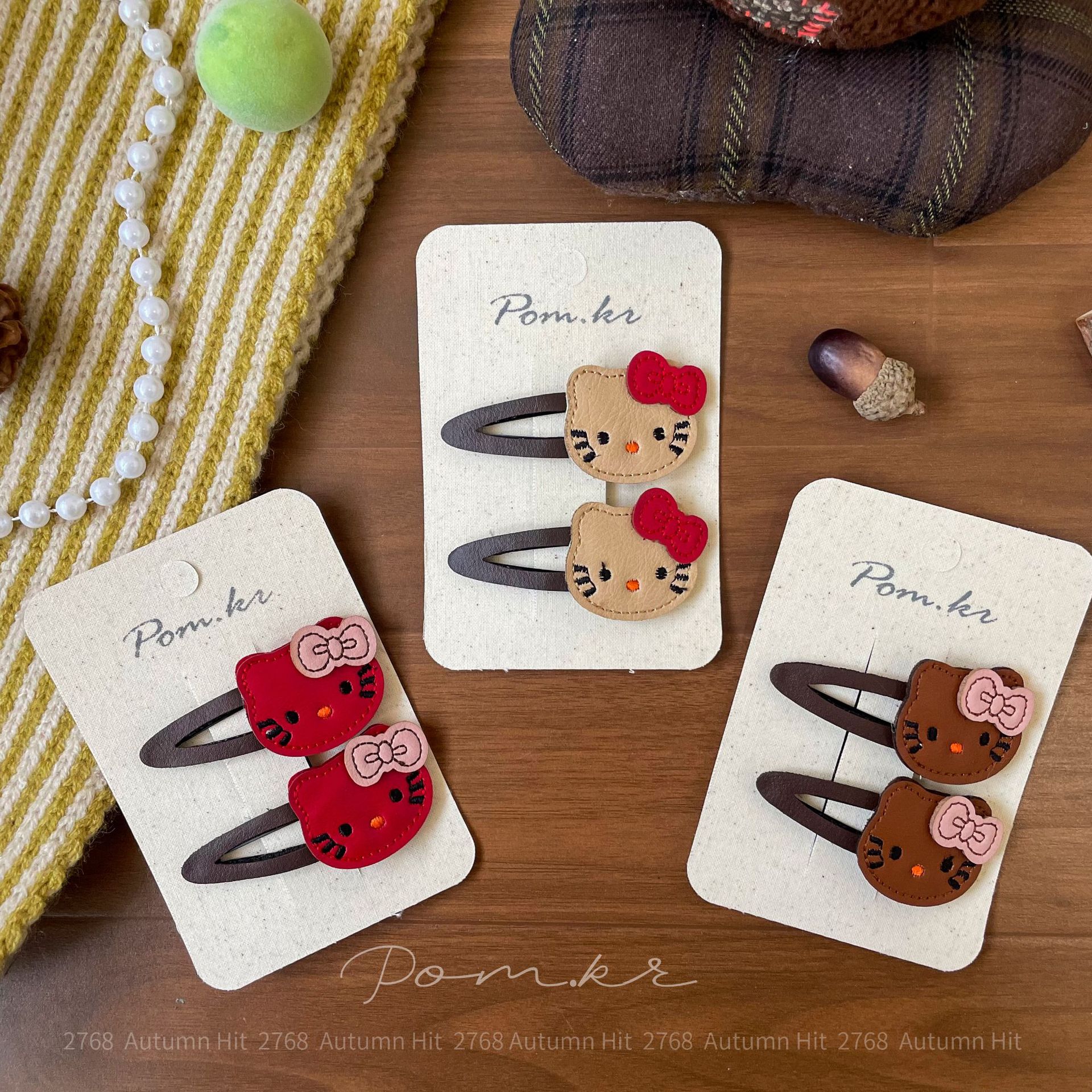 Retro leather KT hair clip, bow, cartoon side clip, girl's heartbroken bangs clip, sweet and cute headwear details Picture