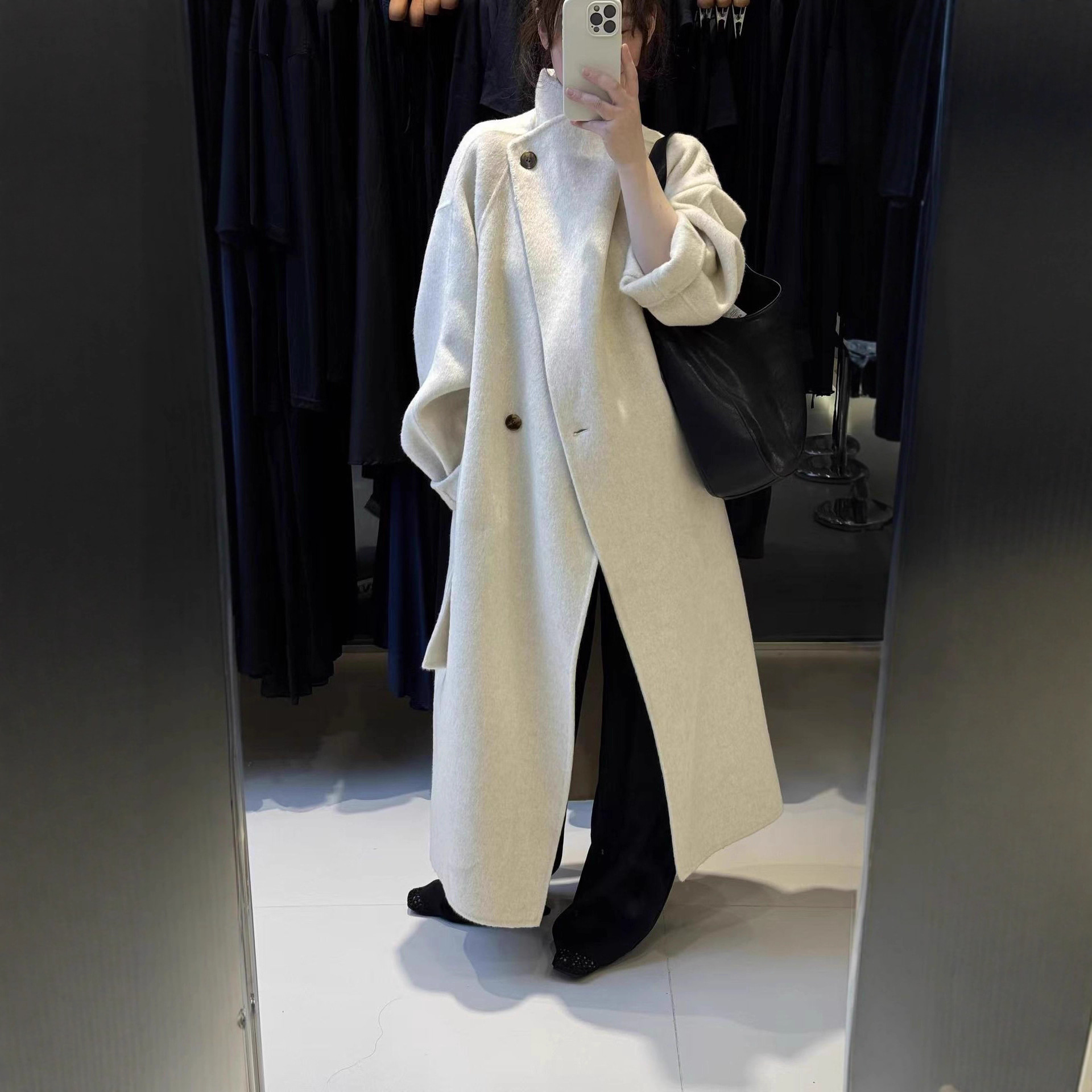 霖儿新长款高级感大翻领气质慵懒风加厚长款双面羊毛呢大衣外套女细节图