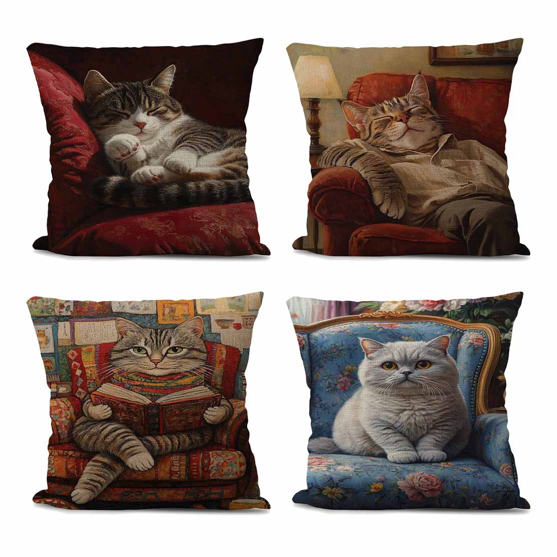 跨境新品猫咪图案印花抱枕套懒惰猫支持一件代发亚麻抱枕套