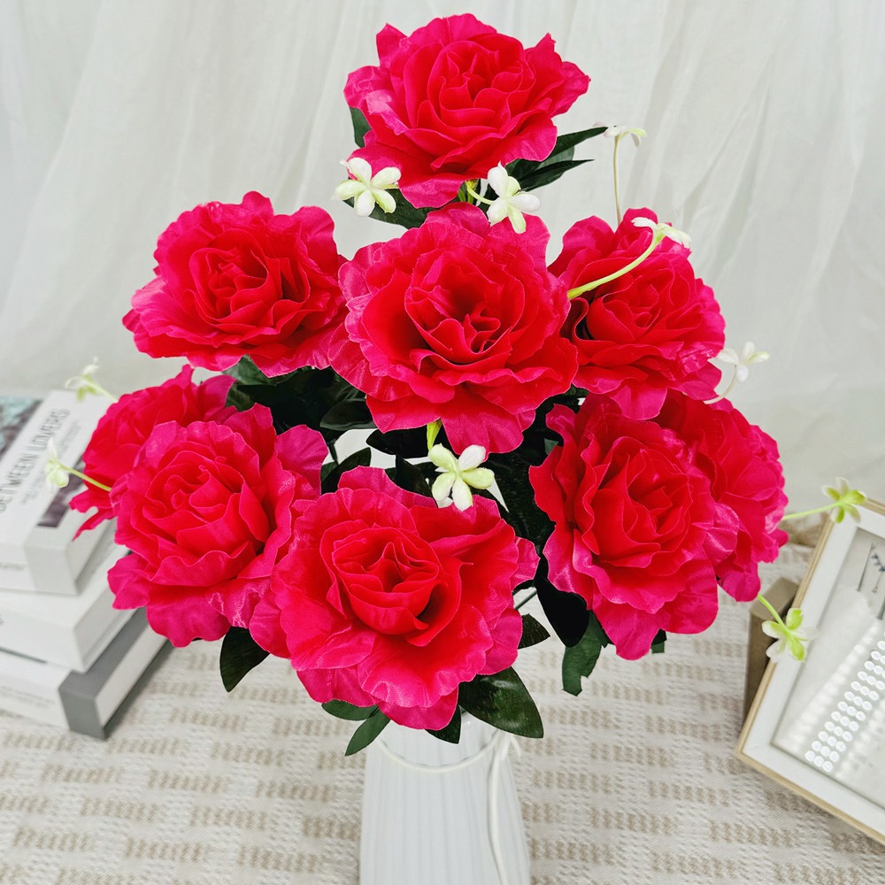 仿真花假花9头玫瑰绢花干花卧室客厅花艺现代简约摆件厂家批发