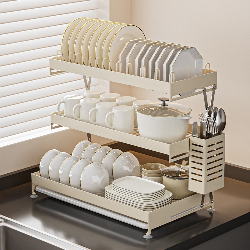 可折叠厨房碗碟架带筷子筒免安装沥水收纳架防滑脚垫置物