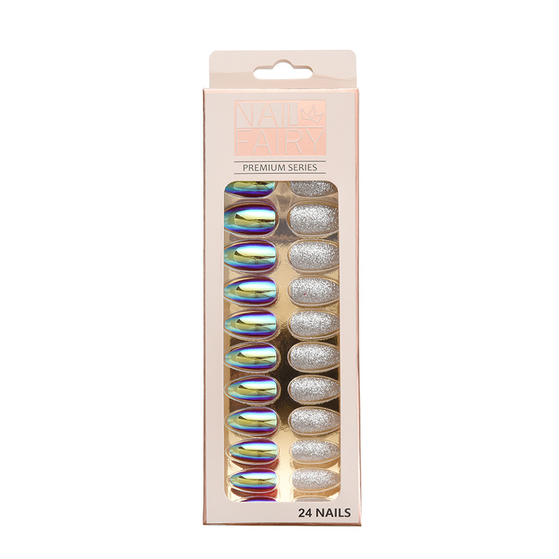Fake nails, detachable nail art pieces, 24-piece set, finished scallion powder electroplated patches, wearable nails wholesale, ultra-thin Aurora nails details Picture