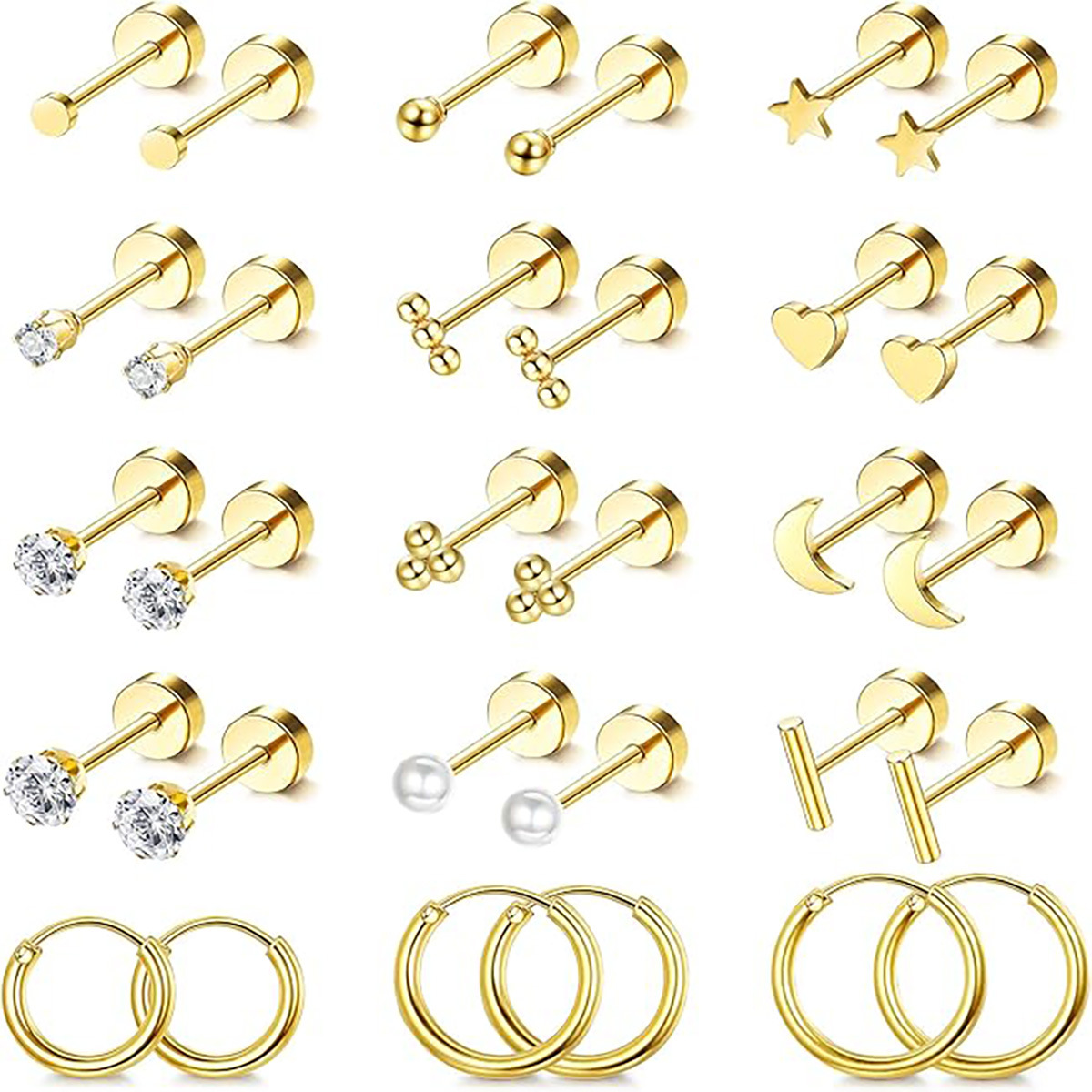 Amazon bestseller 15 pairs of simple stainless steel geometric stud earrings, golden stud earrings in stock, factory direct