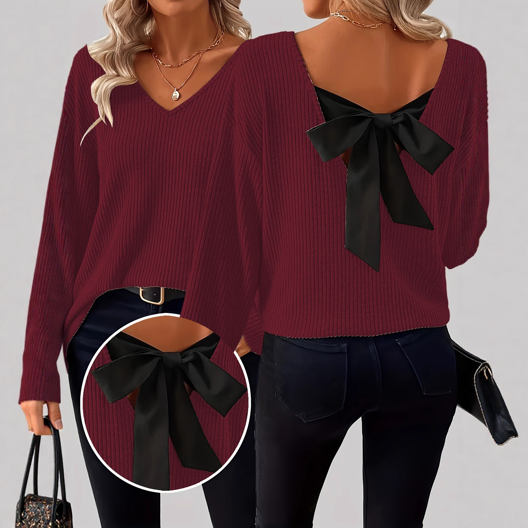 European and American women's V-neck solid-color sweater, new autumn export style long-sleeved casual loose bow top for women Application Scenario