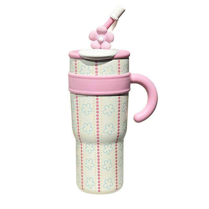 Ceramic inner liner insulated cup, giant handle ice cup, double-drinking straw water cup, large-capacity women's cup with high appearance level Item Picture