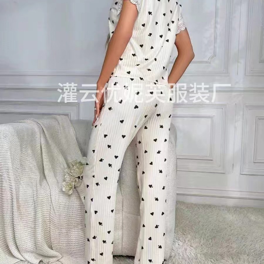 2024 Cross-border V-Neck Heart-shaped Pajama Women's Set Autumn New High-end heart-shaped Home Wear Two-piece set