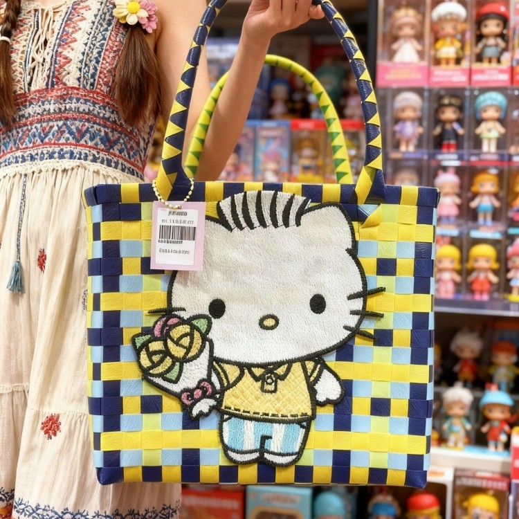HELLO KITTY编织菜篮子少女辣妹氛围感手提袋塑编包夏日旅游包