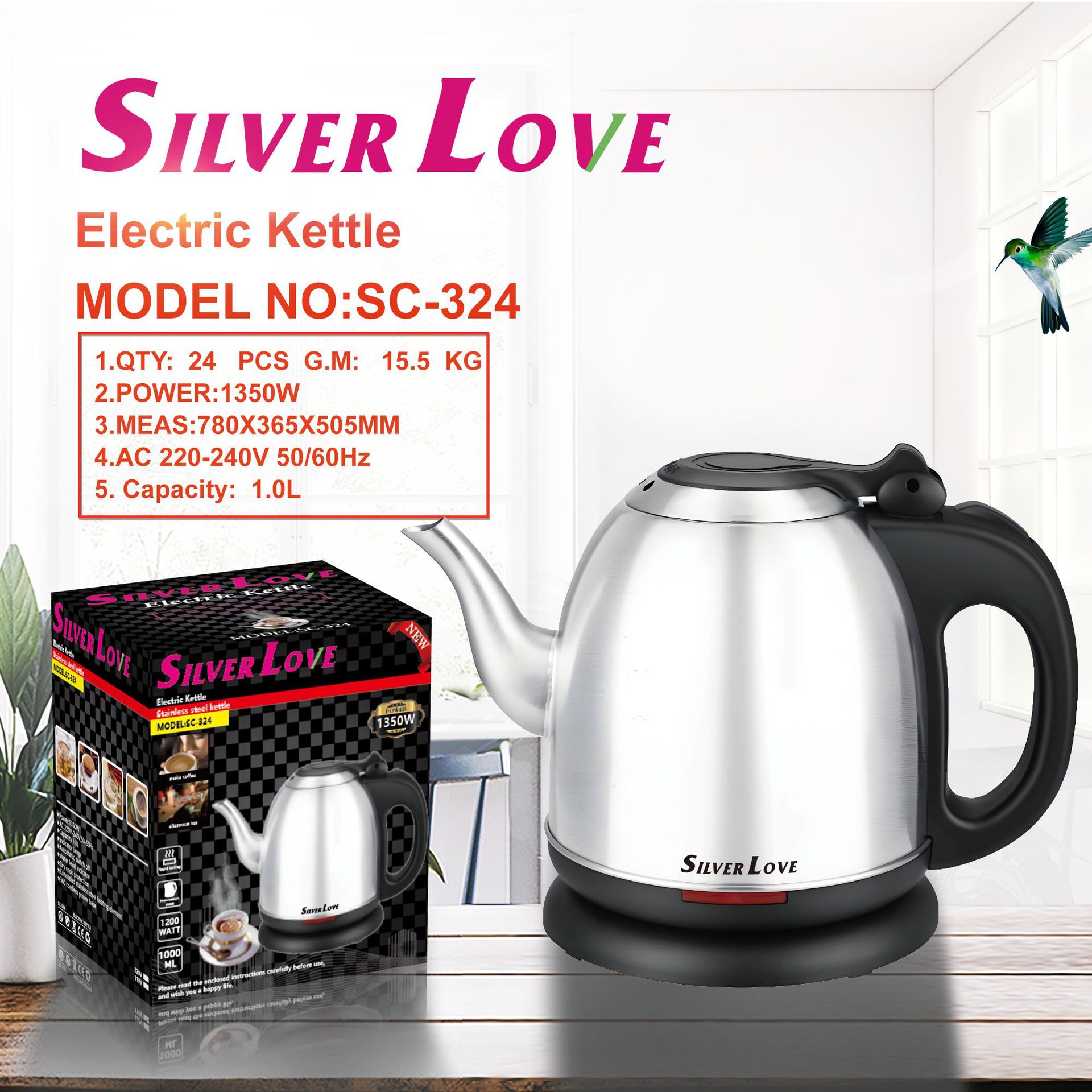 跨境外贸出口欧插不锈钢电热尖嘴水壶 Electric kettle 电热水壶1350W Z209