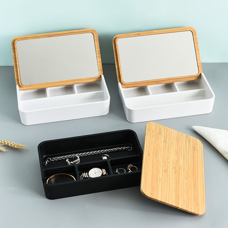 高颜值首饰收纳盒口红盒子化妆盒竹盖化妆品盒带镜翻盖口红收纳箱产品图