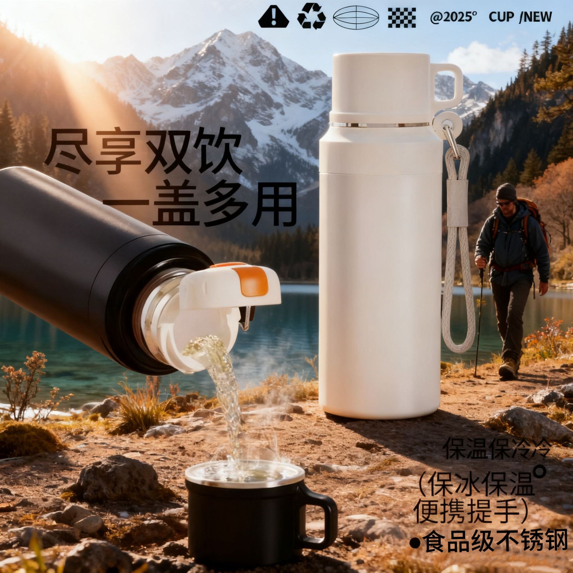 冬季爆款316不锈钢户外双层大容量保温壶男士登山茶水分离保温杯