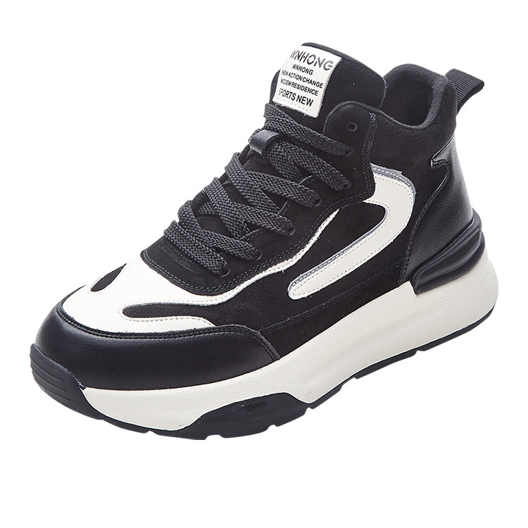 The 2026 Spring and autumn new genuine leather high-top dad shoes for women, thick-soled, color-blocking and fleece lace-up casual sneakers, are trendy on Instagram Item Picture