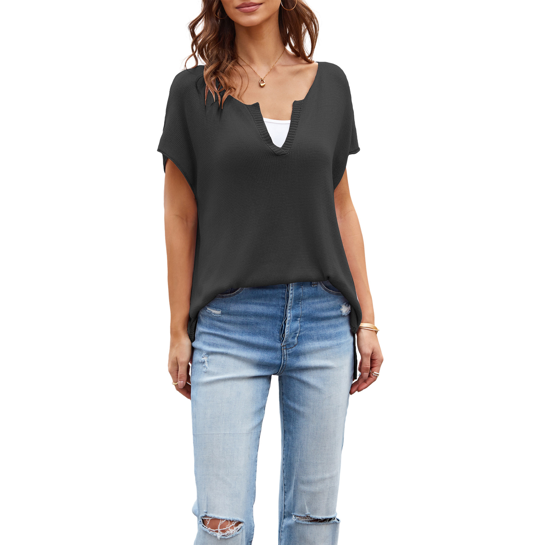 New V-neck loose plus-size casual European and American women's pullover short-sleeved knitted sweater for Spring/Summer 2026 cross-border Amazon details Picture