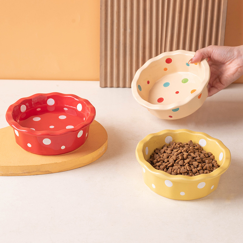 Ceramic cat bowl, lace polka dot pet bowl, anti-black chin cat food bowl, cat food bowl, small dog teddy pet supplies Specification image