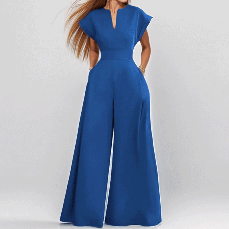 The 2026 Spring new cross-border European and American export women's fashion and elegant V-neck solid color slim wide-leg jumpsuit details Picture