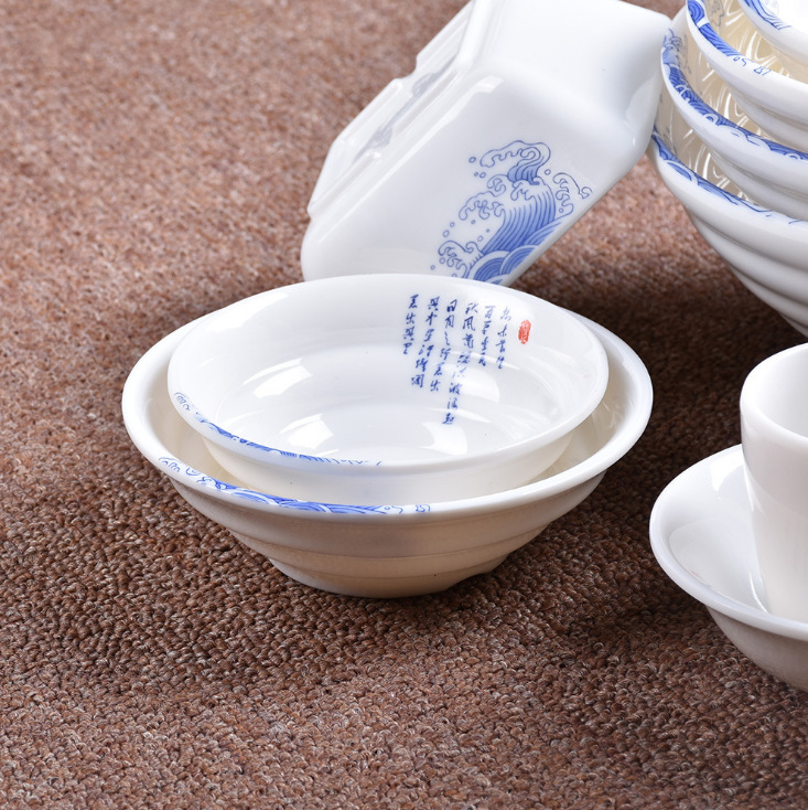 Melamine tableware A5, white decal soup bowl, threaded bowl, noodle bowl, small bowl, seasoning bowl, rice bowl, imitation porcelain tableware details Picture