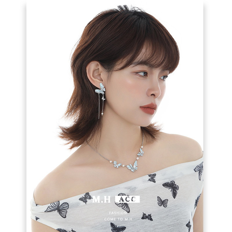 Original design 2025 new Blue Butterfly series, light luxury, high-end, sweet and cool style stud necklace, earrings and bracelet Specification image