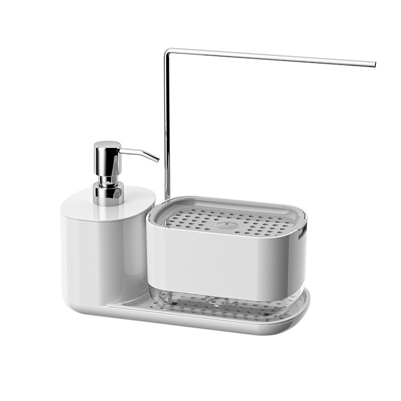 Kitchen storage rack, manual press soap liquid box, stainless steel cloth rack, integrated detergent storage, desktop soap box Item Picture