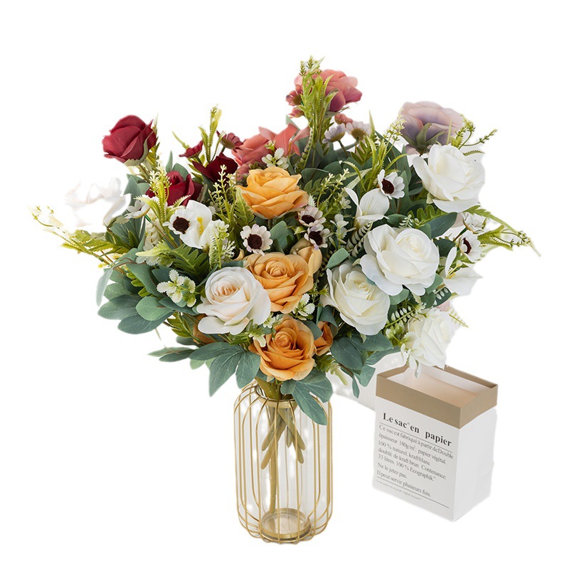 Wholesale of simulated fan-shaped Dutch roses for weddings, artificial flower sets and decorations, large bouquets, multi-headed roses Item Picture