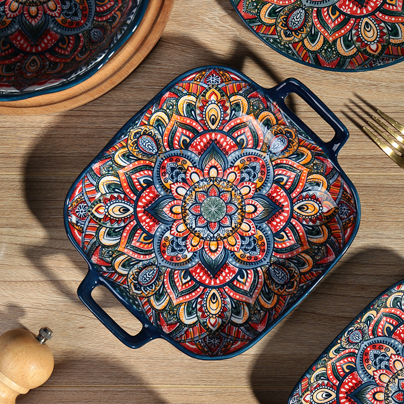 Bohemian-style tableware home set, high appearance level underglaze color tableware, bowl and plate wholesale, ceramic bowl and plate set Specification image