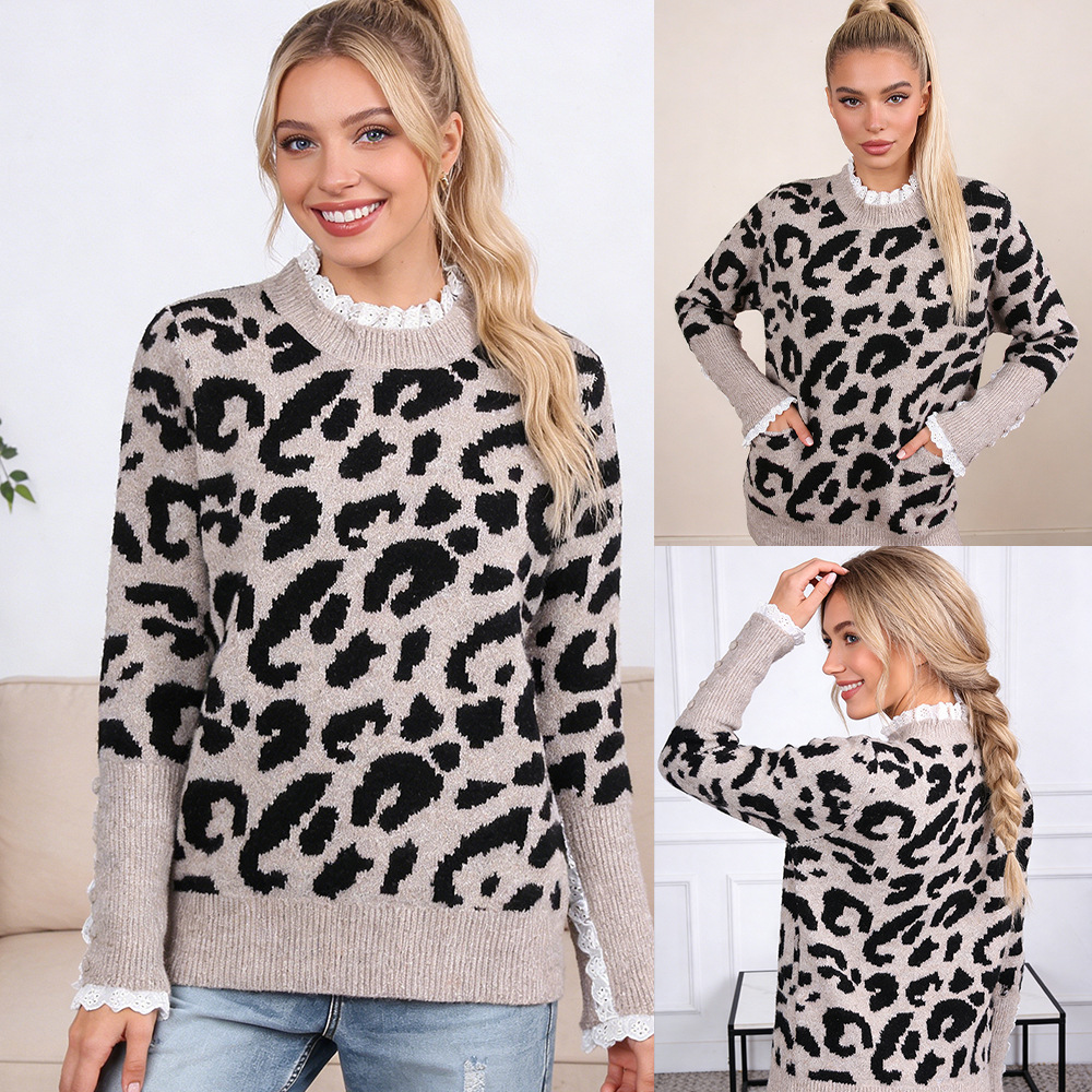 豹纹款毛衣女蕾丝花边拼接圆领长袖套头针织衫欧美时尚休闲毛衣