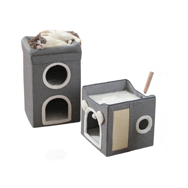 Cross-border semi-enclosed sisal foldable double-door three-layer cat bed, multi-functional double-layer cat scratch board, cat claw grinding house Item Picture