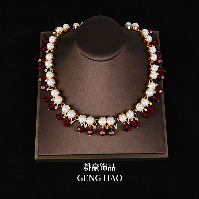 复古施家珍珠锁骨链复古珍珠项链女式轻奢法式套装批发 details Picture