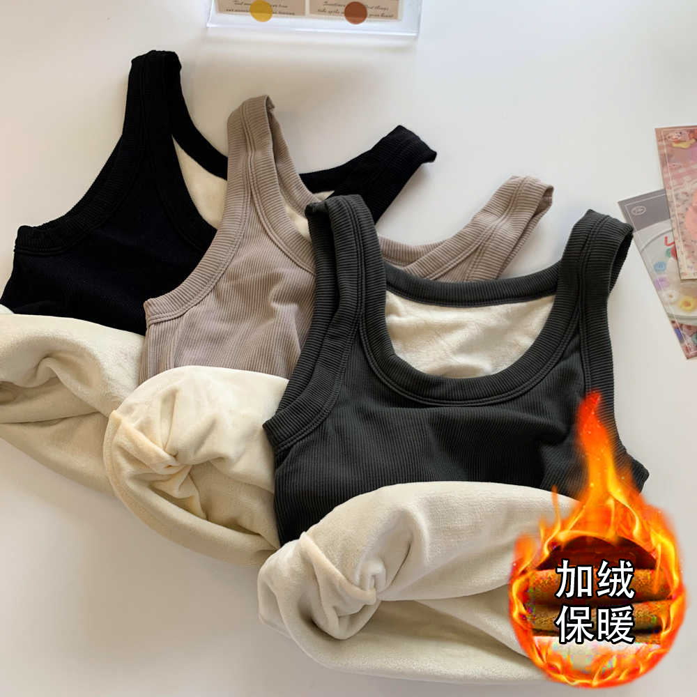 秋冬加绒加厚防寒保暖吊带纯色圆领背心打底内搭肌底无袖马甲上衣