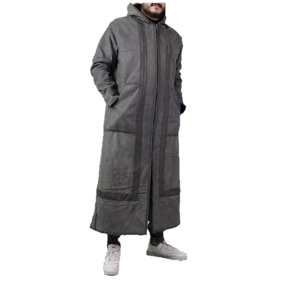 高品质中东阿联酋男士加绒连帽长袍来图打样Farwah拉链长外套白底实物图