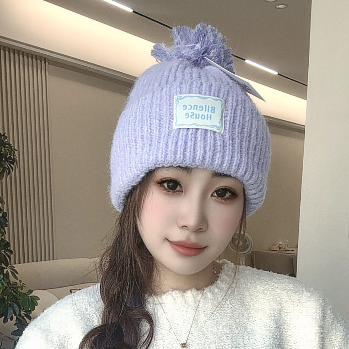 Yellow pom-pom knitted woolen cap for women's autumn and winter headwear, warm pullover cap, face-making small and cold-proof headscarf details Picture