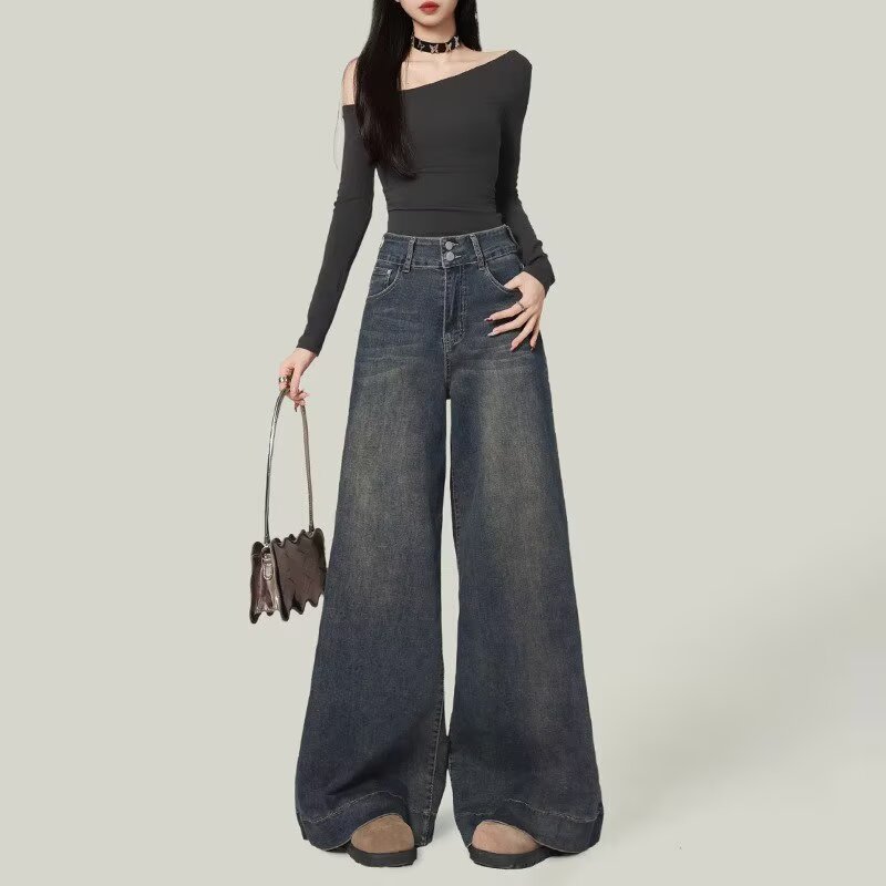 水泥灰阔腿牛仔裤女显高显瘦2025年新款宽松设计感直筒垂感拖地裤