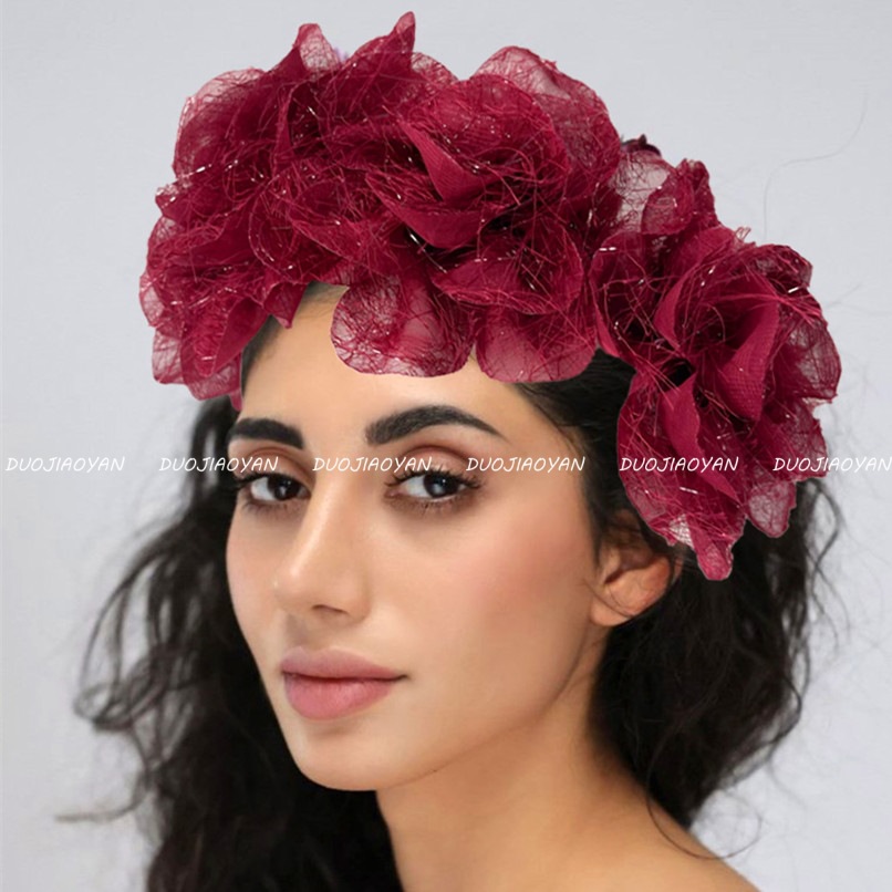 New European and American mesh rose headband, colorful Christmas carnival party headwear, fashionable large flower bride's hair accessory details Picture