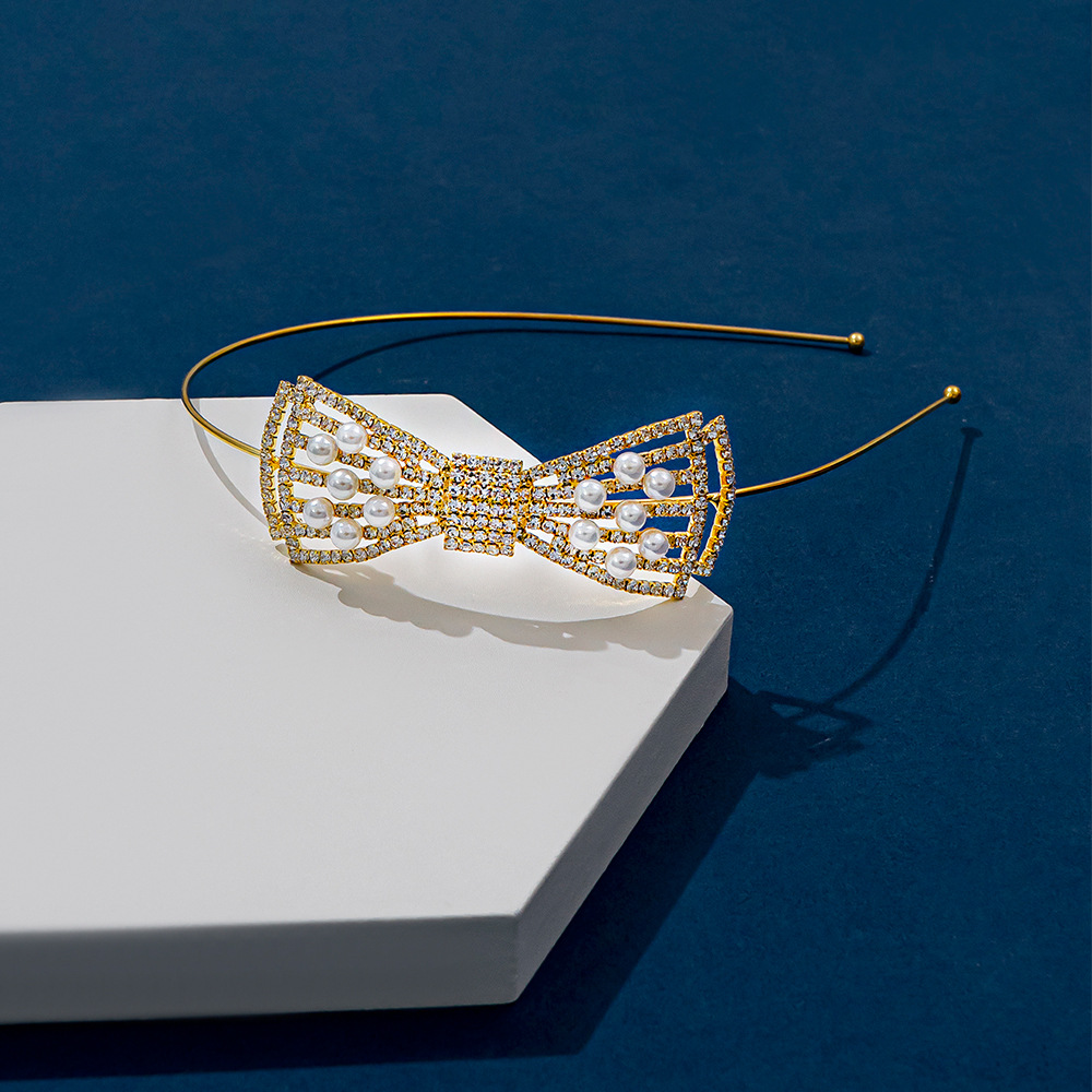 Elegant European and American style water diamond pearl bow headband, a versatile headband for women's fashion trends, gold-plated headwear and hair accessories
