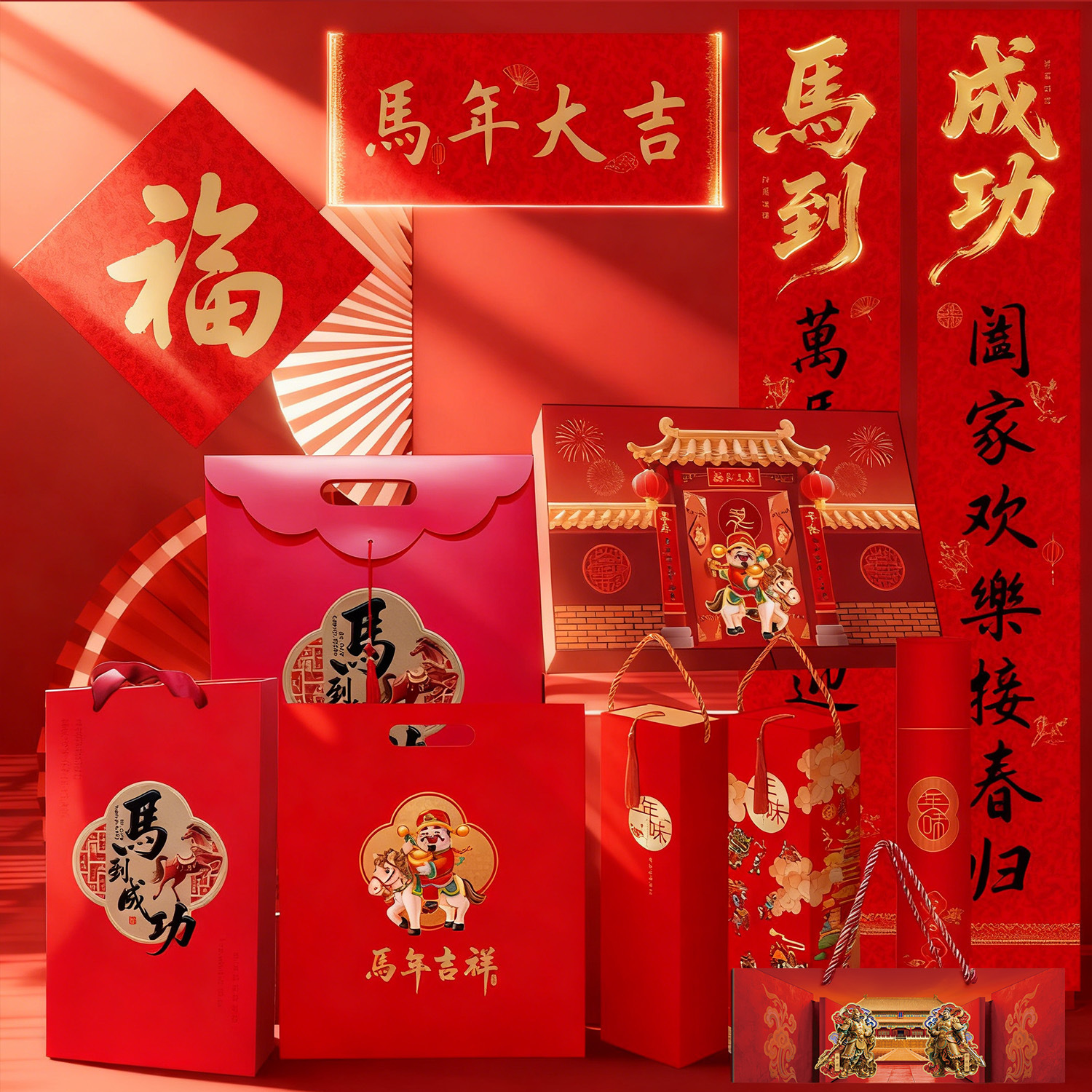 2026马年丝绸对联礼包春联福字礼袋红包窗花套装礼袋广告磁吸对联