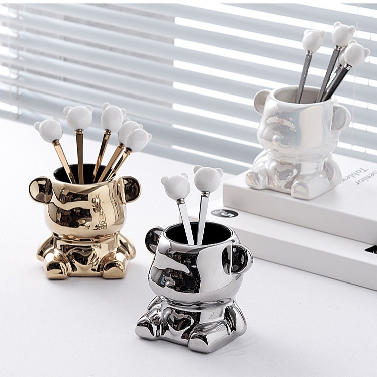 Ceramic Bear stainless steel fruit fork set, high appearance level fruit skewers, household light luxury forks and spoons, fruit forks wholesale Specification image