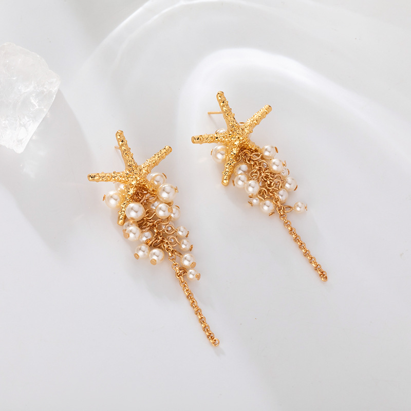 Dulce y refrescante versión coreana pendientes para mujeres niche estrellas conchas collar de perlas diseño de pendientes de alta calidad sentido múltiples orejeras details Picture