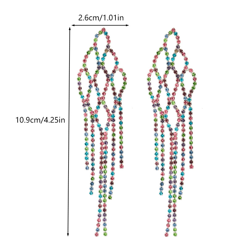 Aliexpress's best-selling claw chain earrings, exaggerated mixed-color rhinestone mesh tassel earrings, cross-border European and American colored diamond mesh long earrings, elegant women Item Picture