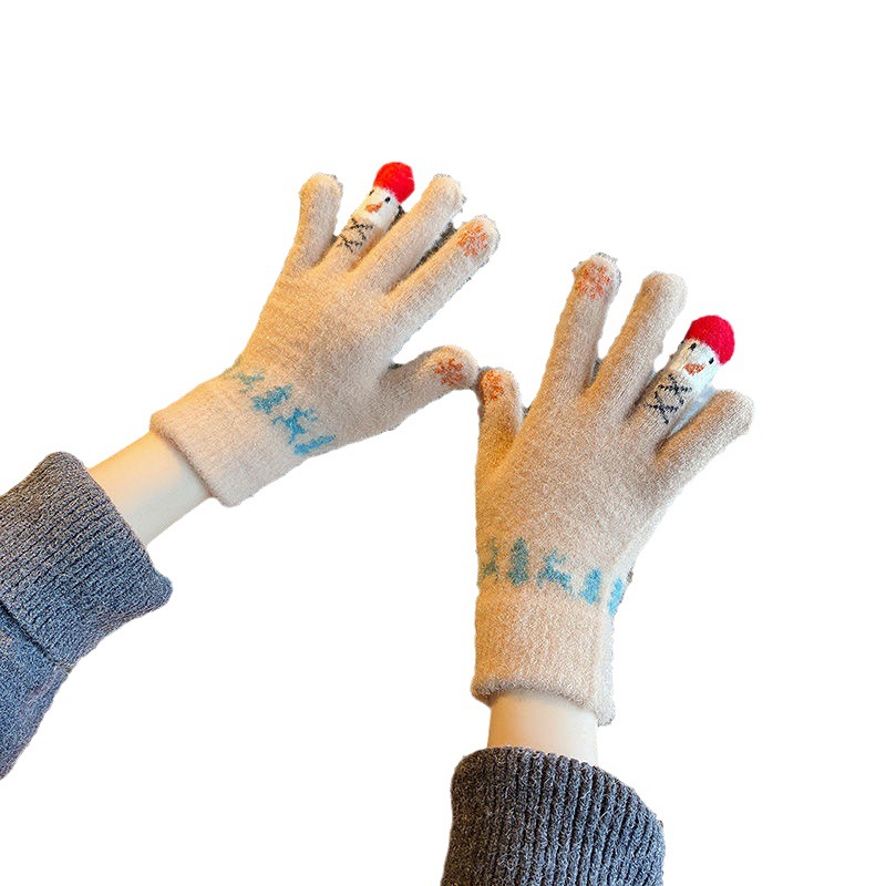 毛线手套女冬季可爱雪人针织可触屏加厚保暖骑行车五指冬天防寒棉白底实物图