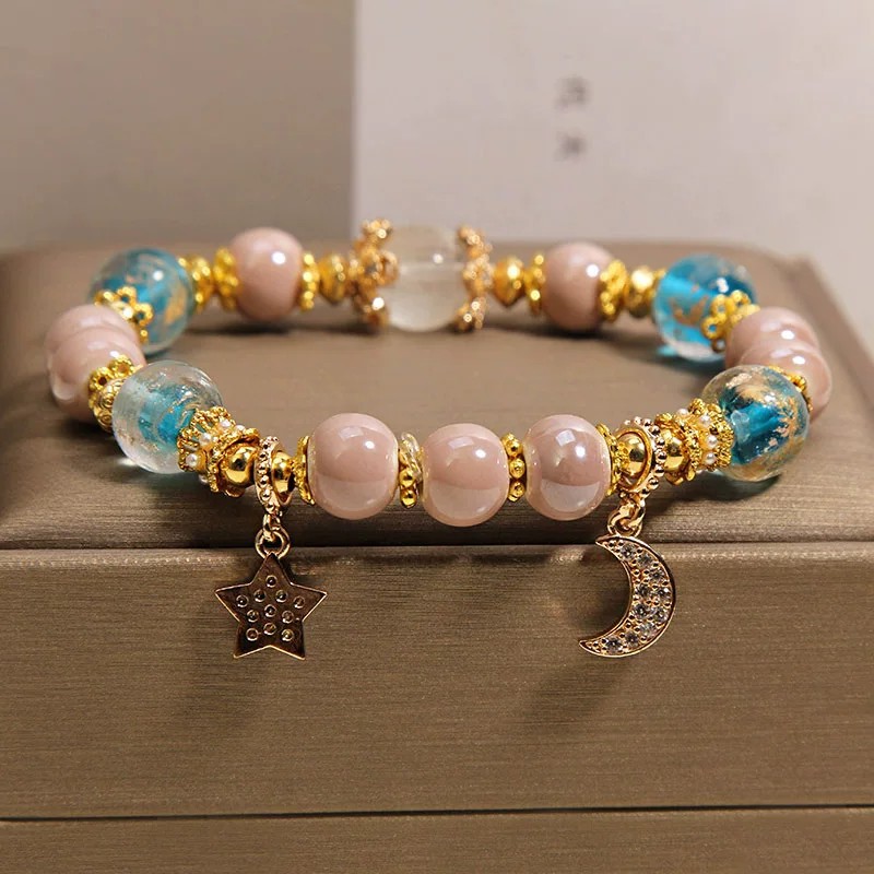 Ancient-style incense ash glass bracelet for women, light luxury, niche, exquisite and high-end. Star and moon pendant bracelet, a gift for your best friend Specification image