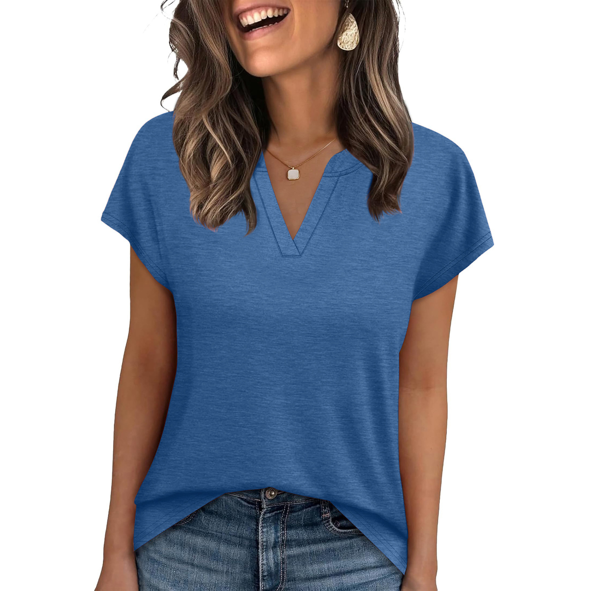 Amazon europa y Estados Unidos cross-border comercio exterior primavera verano 2026 nuevo color sólido cuello V holgado manga corta camiseta tops casuales mujeres Specification image