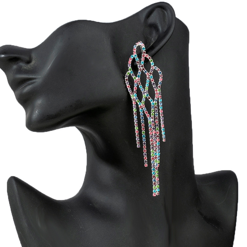 Aliexpress's best-selling claw chain earrings, exaggerated mixed-color rhinestone mesh tassel earrings, cross-border European and American colored diamond mesh long earrings, elegant women full figure