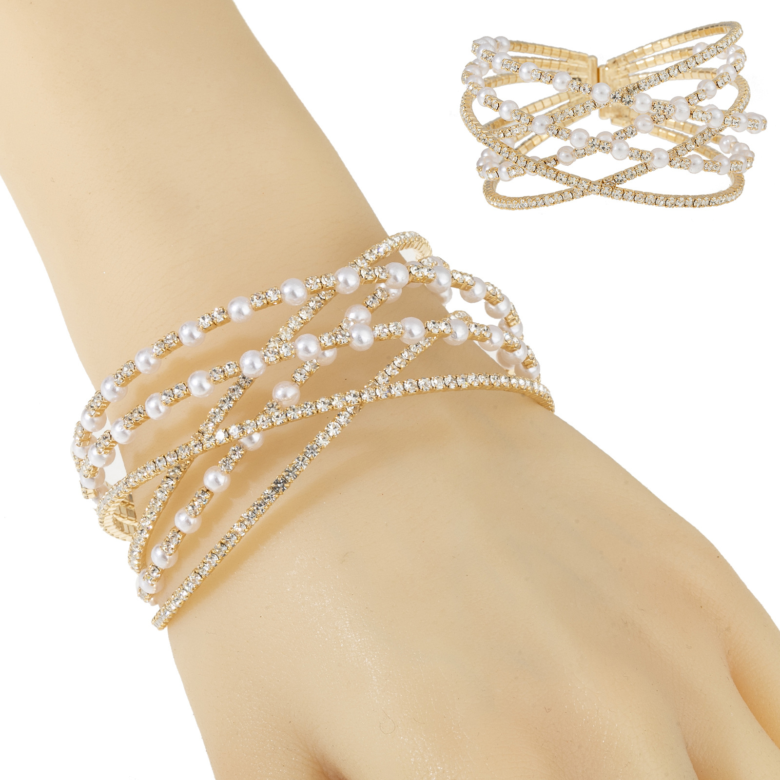 A novel six-row crossed elastic pearl bracelet for cross-border trade from Europe and America, featuring water diamonds for ladies' banquets and parties details Picture