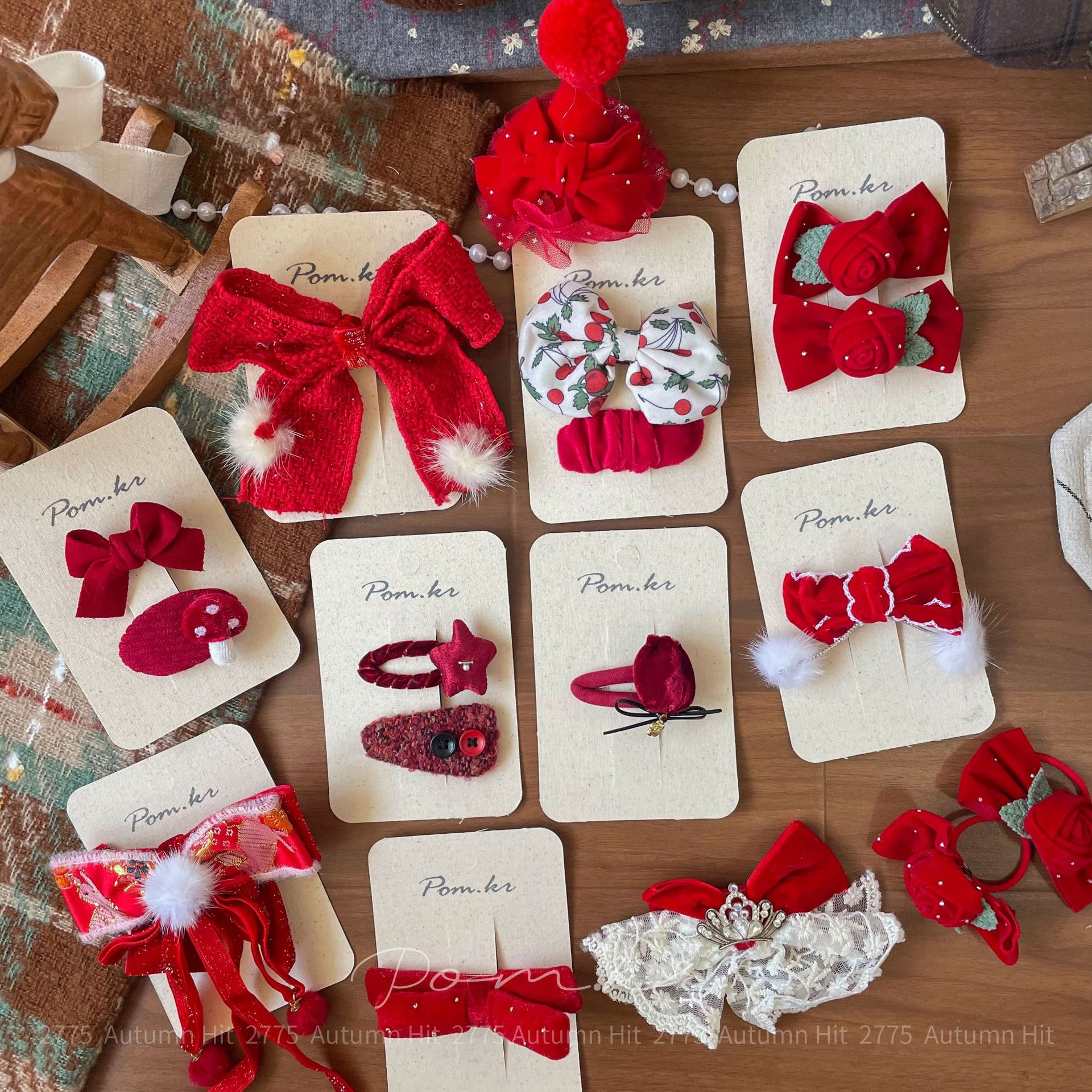 韩系 Pom.kr 红色丝绒发夹套装新年圣诞儿童蝴蝶结发饰侧边刘海夹